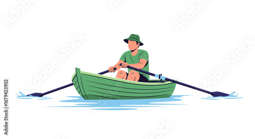 Man Rowing Boat On Calm Green Water, Enjoying Outdoor Recreation Activity.
