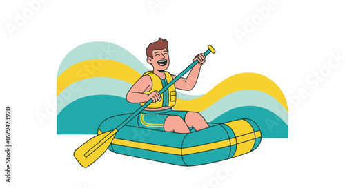 Man Rowing Raft on the Water Having Adventure and Enjoying Summer Leisure