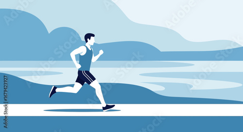 Man Running Along the Shoreline, Minimalist Blue Toned Illustration Of a Marathon Runner