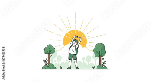 Joyful Youthful Stretching in Natural Outdoors During Sunny Warm Morning