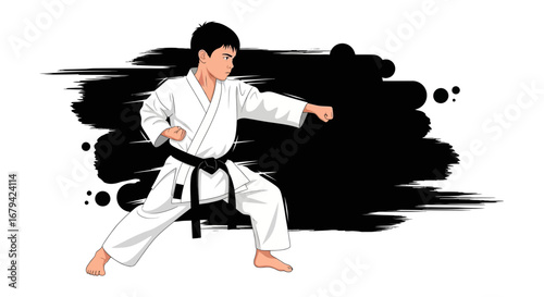 Karate Fighter Performing Martial Arts Technique Against Abstract Dark Background