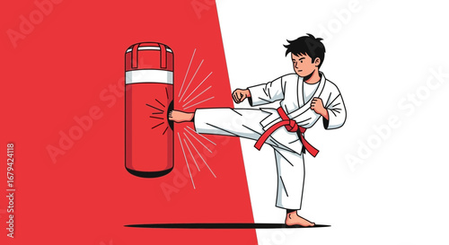 Karate Kid Kicking Punching Bag Illustration Demonstrating Martial Arts Training
