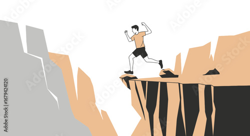 Man Running Towards Cliff Edge, Jumping Over Gap Depicting Courage and Ambition