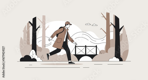 Man Running Through Forest Path Concept, Modern Illustration Vector Artwork