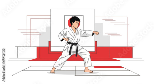 Karate practitioner executes a powerful punch in a dynamic vector graphic illustration
