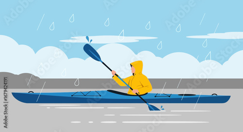 Kayaker Bravely Navigating Rainfall On Open Waters During A Stormy Atmospheric Condition