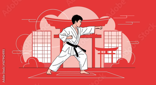 Karate Training Image Depicting A Man Performing A Punch in a Japanese Setting