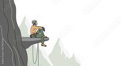 Man sitting on the edge of a cliff enjoying a view of the mountains illustration