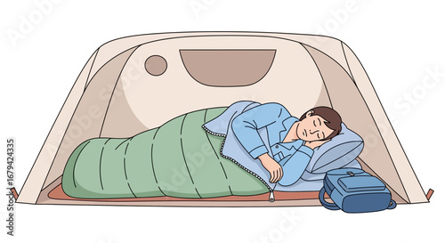 Man Sleeping Comfortably Inside a Tent During a Camping Adventure Outdoors