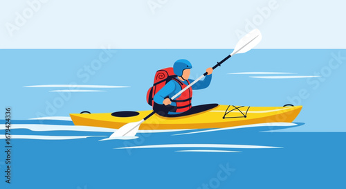 Kayaking Adventure: An Illustration of a Person Kayaking on a Calm and Blue Sea