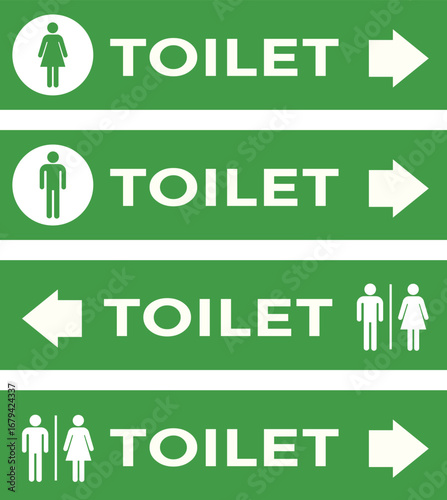 Four green and white toilet signs with male and female symbols and directional arrows indicating the location of restrooms.
