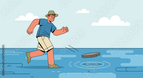 Man skips a stone on the water, summer fun, happy day in the nature