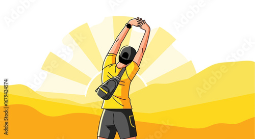 Man stretching arms, enjoying the sunrise, fitness and morning workout in the outdoors