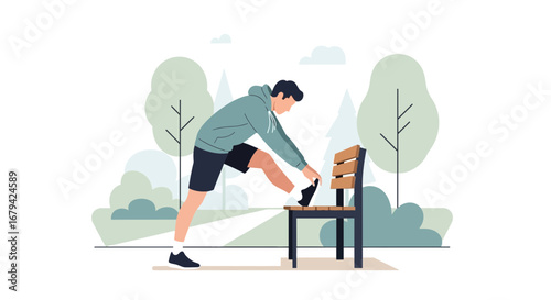 Man Stretching Leg Using Bench In The Park Vector Illustration For Sport