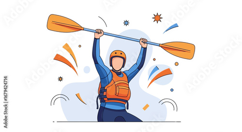 Kayaking Champion Celebrates Victory Holding Paddle High in Air Against a Colourful Background
