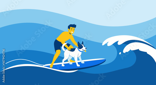 Man Surfing With His Dog on a Blue Surfboard Across the Ocean Waves