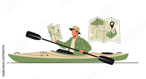 Kayaking Expedition: Explorer Navigating Rivers, Seeking Directions with a Map, Outdoors
