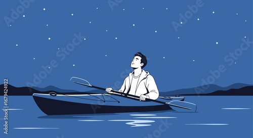 Kayaking under the Stars: A Serene Night Scene of a Person Paddling a Kayak