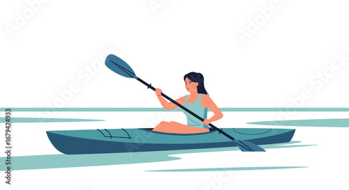 Kayaking Woman Explores Waters of Tranquility in Minimalist Flat Illustration