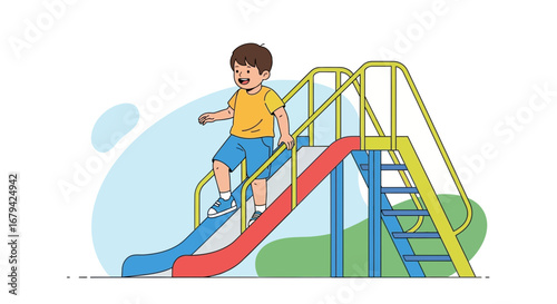 Kid Ascend Slide At Playground, Joyfully Anticipating The Fast Descent For Pure Playing