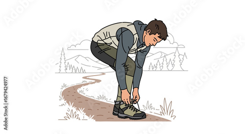 Man tying his shoelaces before a hike in a nature, outdoor and adventure concept
