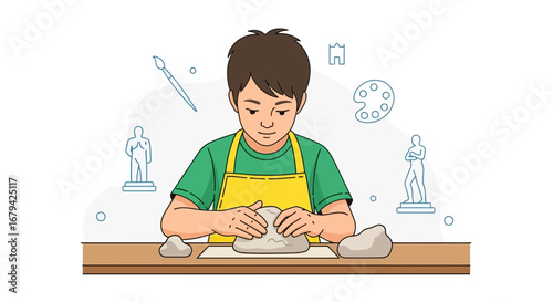 Kid making a sculpture with clay, sculpting workshop, artistic activity, fine arts education