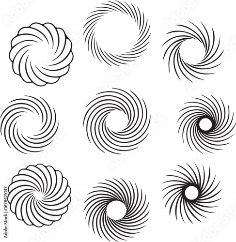 Vector Outline Collection of Radial Motion Symbols Vortex, Swirling Spiral, Spinning Circle, Fan Rotation, and Whirl Lines