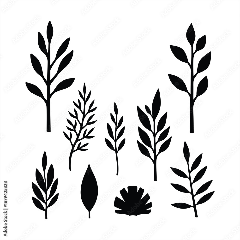 Fototapeta premium Collection of black botanical silhouettes on white background leaf plant