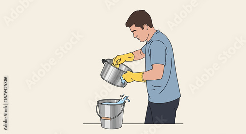 Man Washing A Pot, Illustrated Depiction of Kitchen Cleaning, Household Tasks.