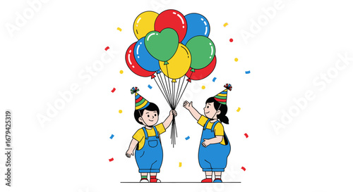 Kids Celebrating a Birthday Party with Balloons and Confetti, Vector Illustration