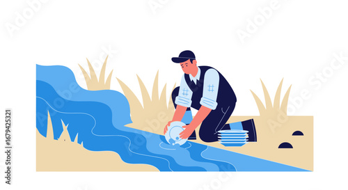 Man Washing Dishes in a Natural Setting of a River or Stream for a Concept