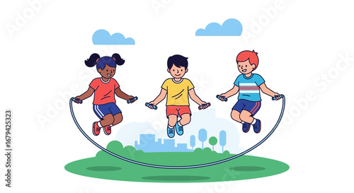 Kids Playfully Jumping Rope Outdoors, Cartoon Illustration of Childhood Fun Activities