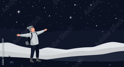 Man watching the starry sky with open arms feeling fulfilled and inspired during night