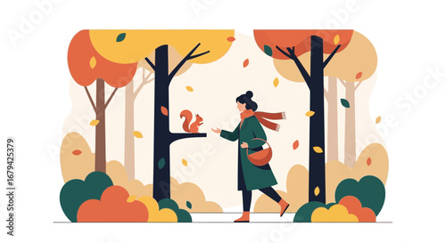 Kind Person Offers Nuts to Squirrel in the Idyllic Autumn Forest Environment