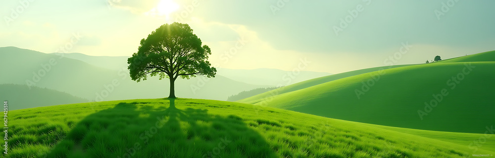 Fototapeta premium solitary tree long shadow stretches across lush hillside fading gently soft diffused morning light serene