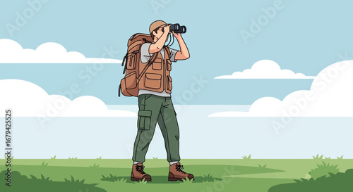 Man with backpack looking through binoculars in nature on a sunny day adventure