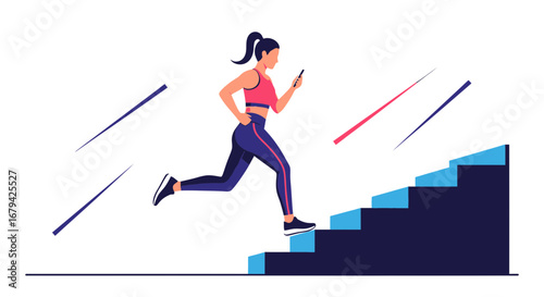 Lady Running Up Steps Holding Smartphone In Colorful Simplified Abstract Cartoon