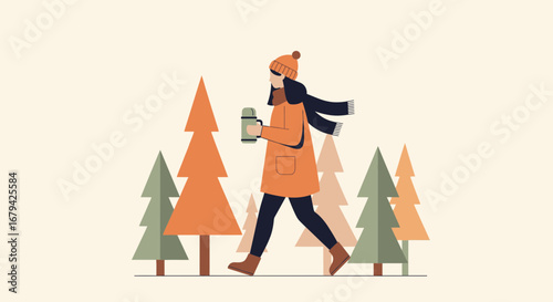 Lady Walking Through Winter Forest Holding Warm Beverage, Enjoying Outdoors