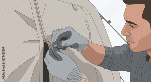 Man Zipping Up A Zipper On A Beige Jacket, Detail and Close Up Illustration