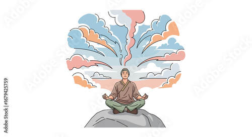 Meditation concept illustration of a person in the lotus position with clouds above mind