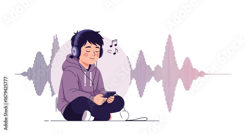 Meditative Boy Listening To Music With Headphones, Evoking Tranquility And Harmony