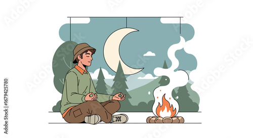 Meditative Camping Illustration Under the Moonlight with Campfire and Serene Atmosphere