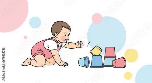 Little Baby Reaches For Tower Of Cups In Playful, Colorful And Joyful Illustration