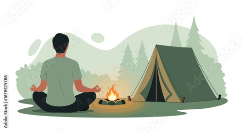 Meditative Camping Scene Depicting Serenity With A Campfire And Tranquil Atmosphere