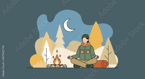 Meditative Evening Camping Scene Featuring Campfire, Trees and Relaxing Yoga