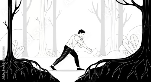 Minimalist illustration of a man exercising in a forest, black and white art design