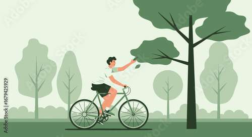 Minimalist illustration of a person riding a bicycle outdoors surrounded by trees and nature