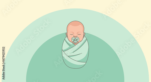 Minimalist Illustration Of A Swaddled Infant With Pacifier In A Peaceful State
