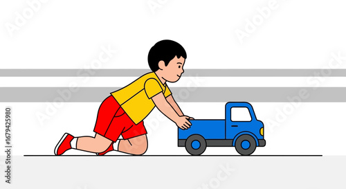 Little boy playing with a blue toy truck on a minimalistic flat background