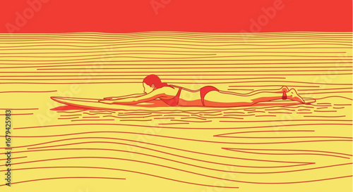 Minimalist illustration of a surfer paddling on a surfboard in the ocean at sunset